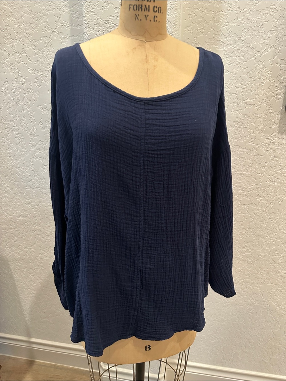 Women's Navy Gauze Long-Sleeve Scoop Neck Top